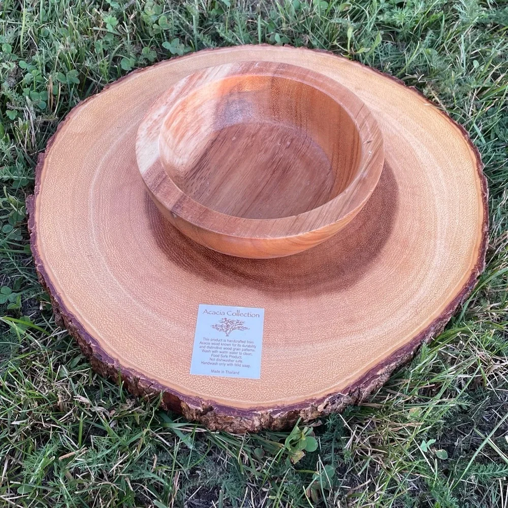 ACACIA COLLECTION Handcrafted Wooden Wood Slice Raw Edge Serving Tray Bowl